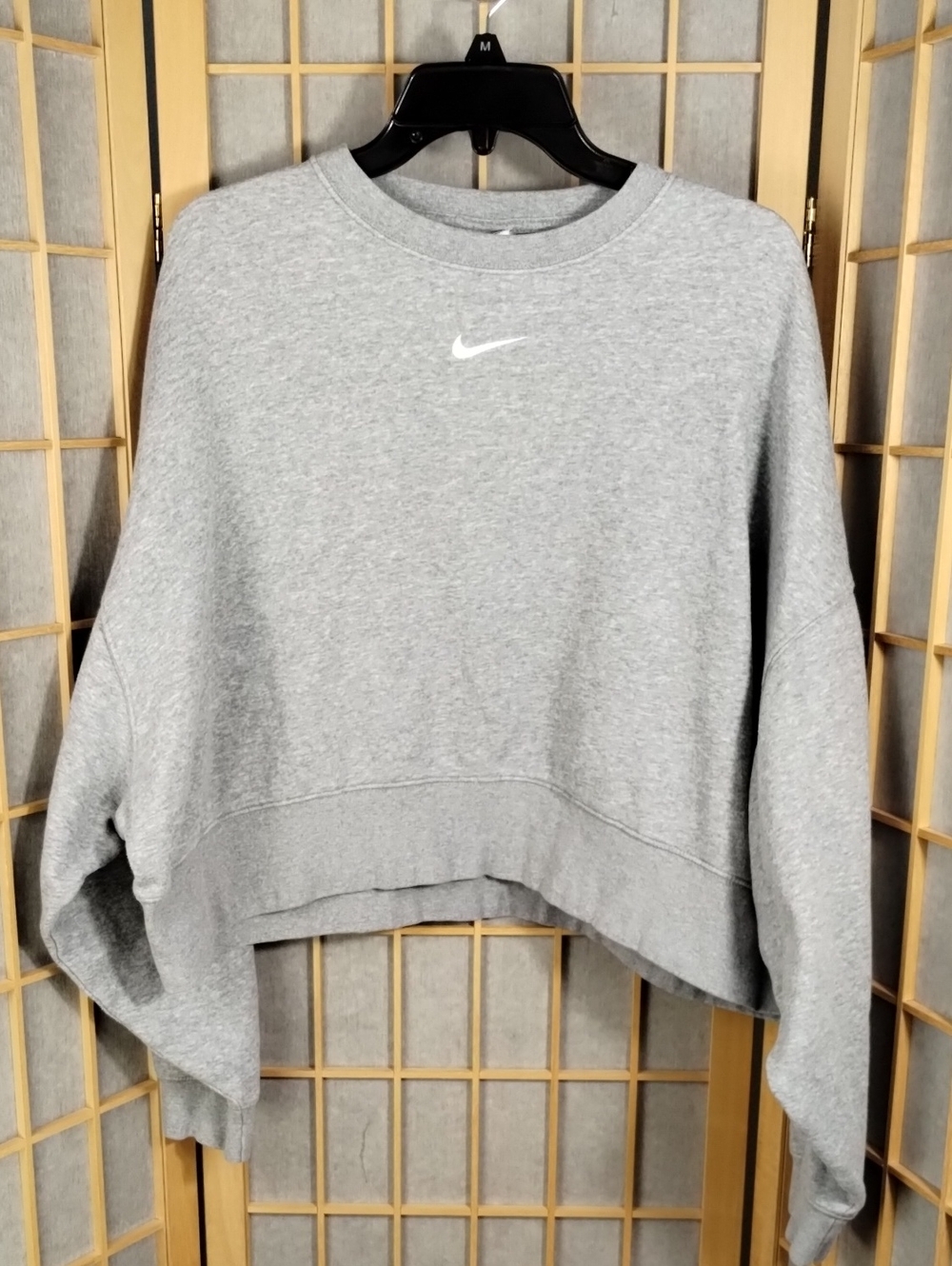 Nike Heather Gray Cropped Oversized Crew Sweatshirt White Swoosh Size M